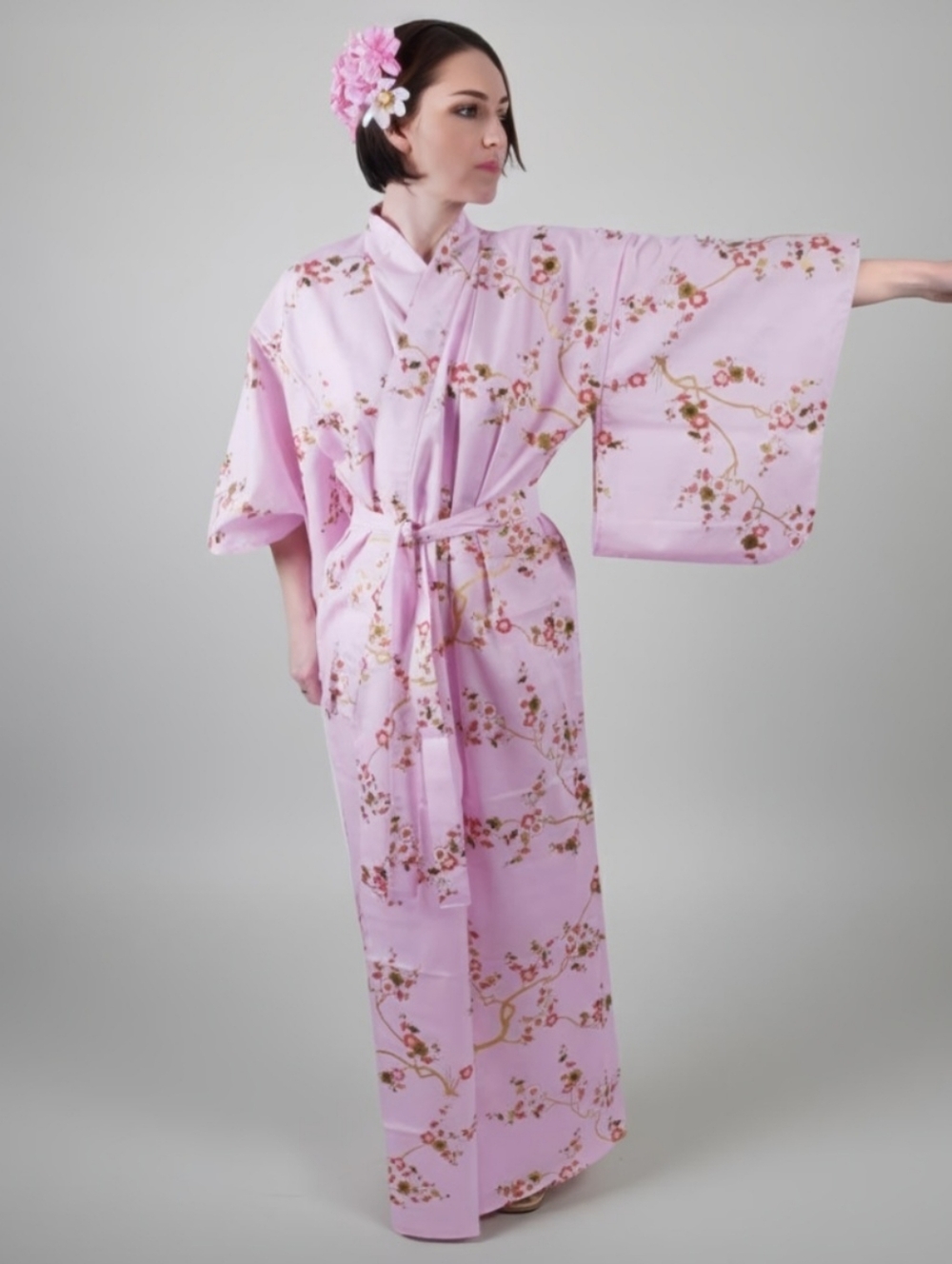 Japanese traditional pink cotton yukata kimono golden plum Size S